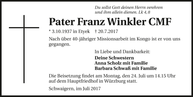  Traueranzeige für Franz Winkler vom 22.07.2017 aus 