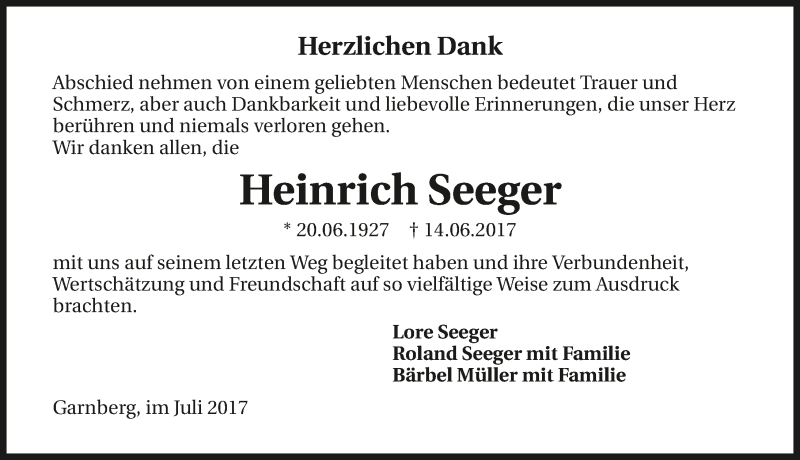  Traueranzeige für Heinrich Seeger vom 21.07.2017 aus 