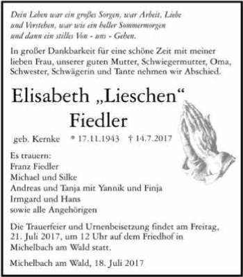 Traueranzeige von Elisabeth Fiedler 