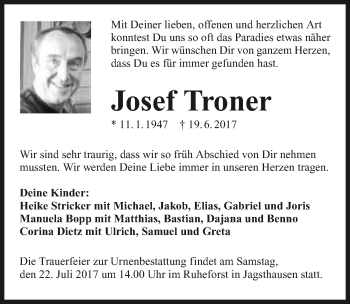 Traueranzeige von Josef Troner 