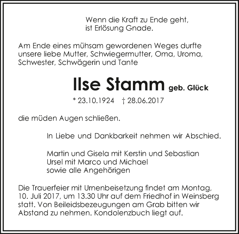  Traueranzeige für Ilse Stamm vom 05.07.2017 aus 