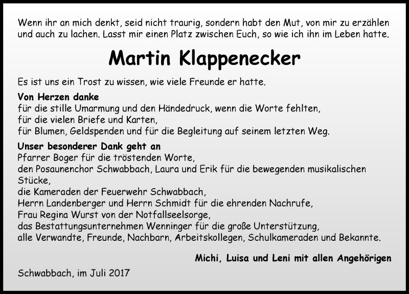  Traueranzeige für Martin Klappenecker vom 13.07.2017 aus 