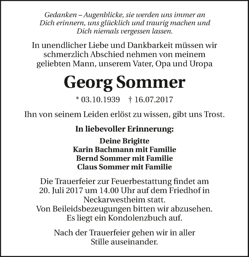  Traueranzeige für Georg Sommer vom 19.07.2017 aus 