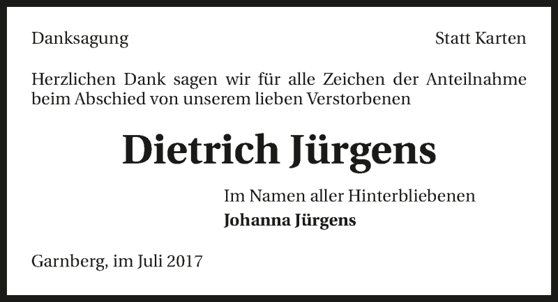  Traueranzeige für Dietrich Jürgens vom 15.07.2017 aus 