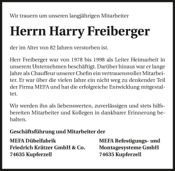 Traueranzeige von Harry Freiberger 