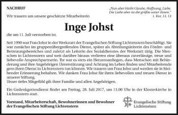 Traueranzeige von Inge Johst 