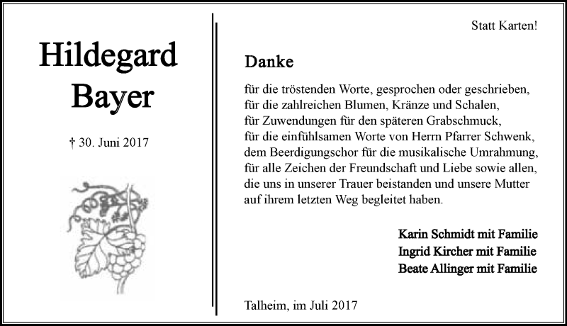  Traueranzeige für Hildegard Bayer vom 15.07.2017 aus 
