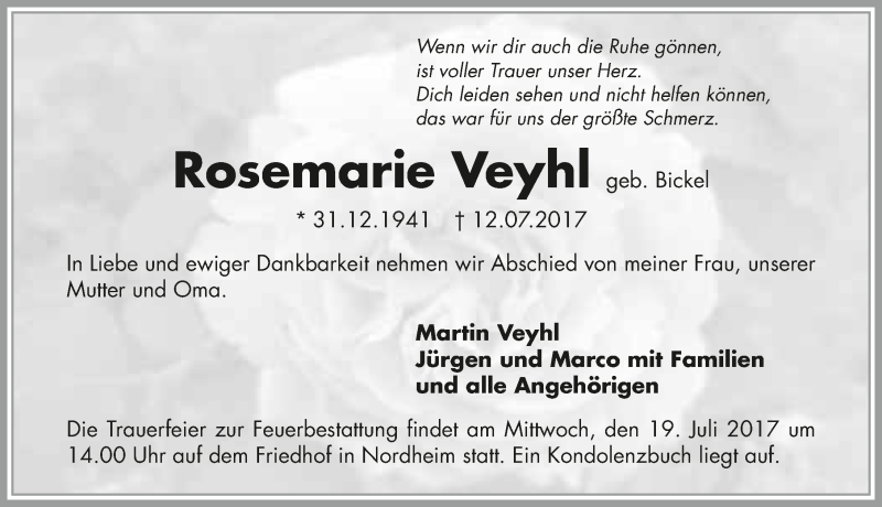 Traueranzeige für Rosemarie Veyhl vom 15.07.2017 aus 