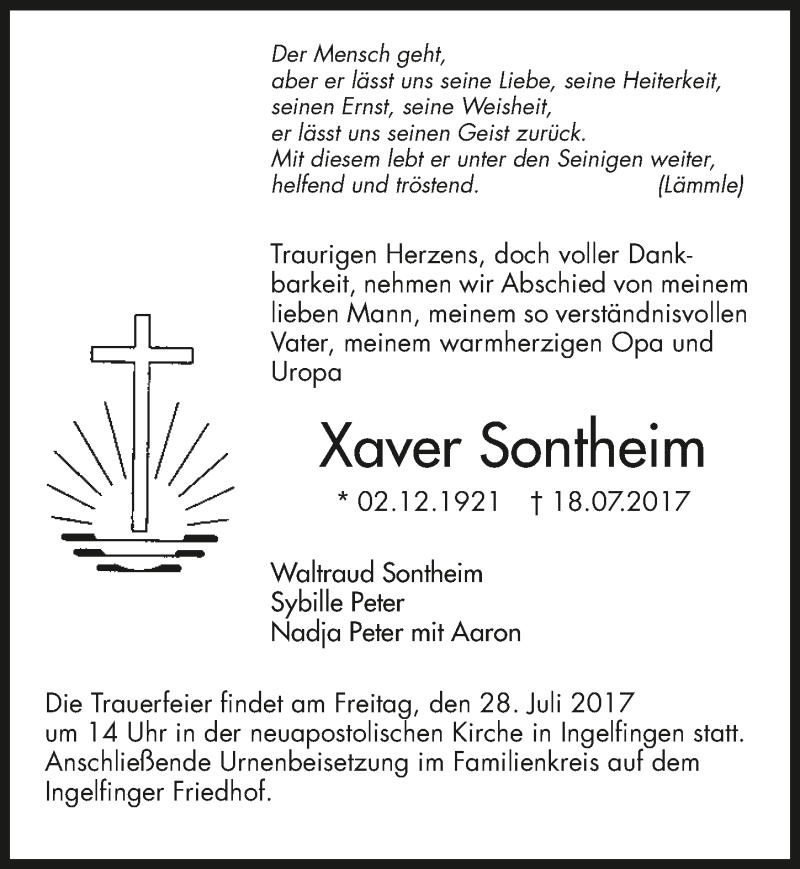  Traueranzeige für Xaver Sontheim vom 24.07.2017 aus 