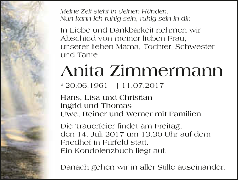  Traueranzeige für Anita Zimmermann vom 13.07.2017 aus 
