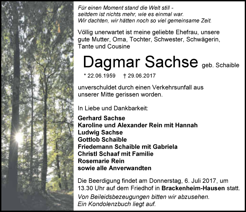  Traueranzeige für Dagmar Sachse vom 03.07.2017 aus 