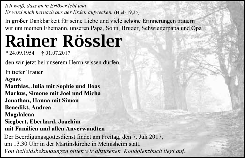  Traueranzeige für Rainer Rössler vom 06.07.2017 aus 