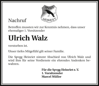 Traueranzeige von Ulrich Walz 