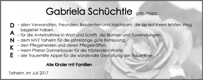  Traueranzeige für Gabriela Schüchtle vom 11.07.2017 aus 