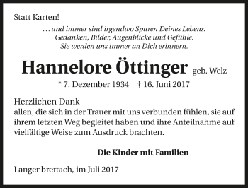 Traueranzeige von Hannelore Öttinger 