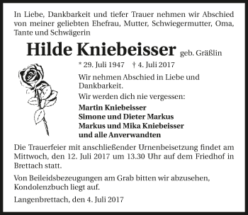 Traueranzeige von Hilde Kniebeisser 