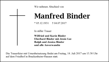 Traueranzeige von Manfred Binder 