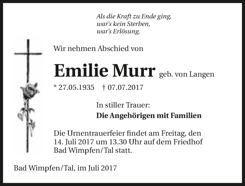  Traueranzeige für Emilie Murr vom 11.07.2017 aus 