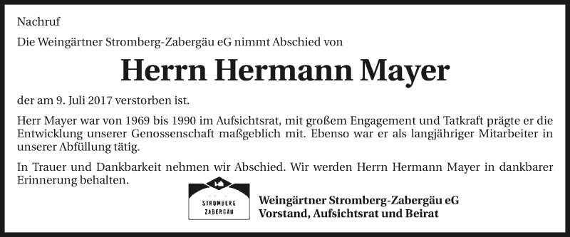  Traueranzeige für Hermann Mayer vom 11.07.2017 aus 