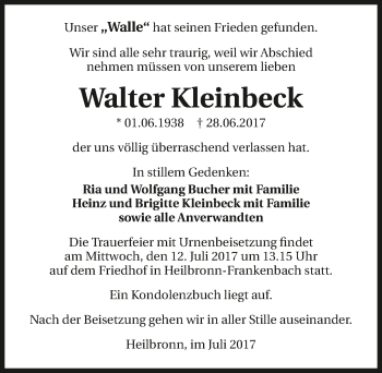 Traueranzeige von Walter Kleinbeck 