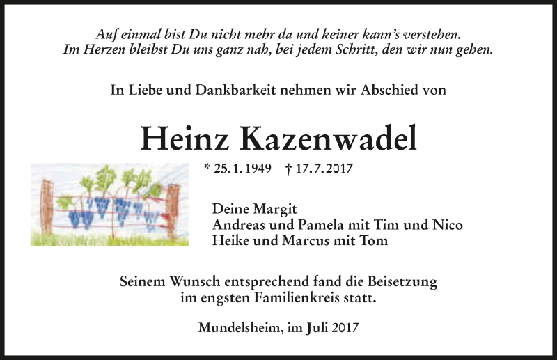  Traueranzeige für Heinz Kazenwadel vom 29.07.2017 aus 