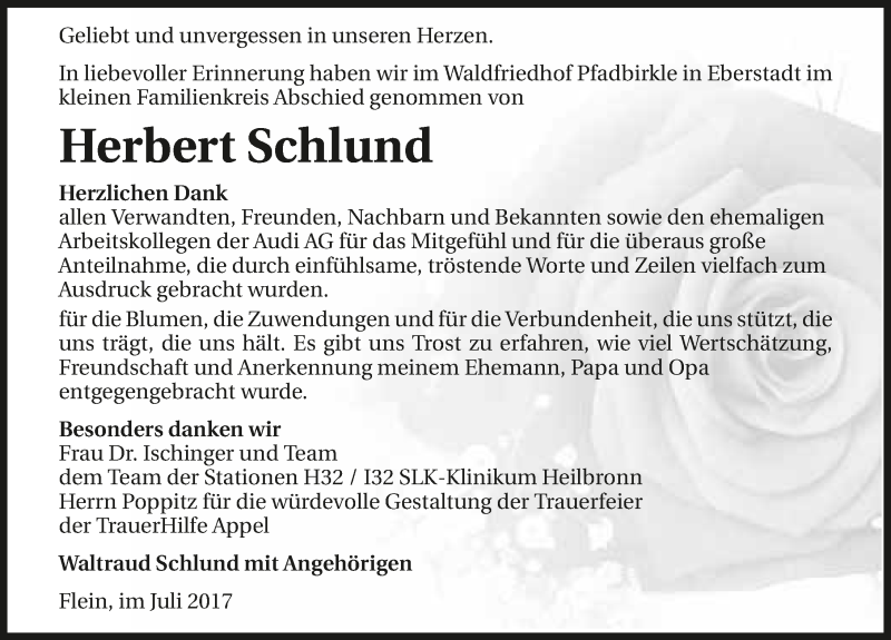  Traueranzeige für Herbert Schlund vom 29.07.2017 aus 