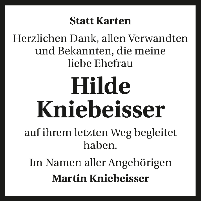  Traueranzeige für Hilde Kniebeisser vom 28.07.2017 aus 