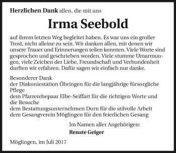 Traueranzeige von Irma Seebold 