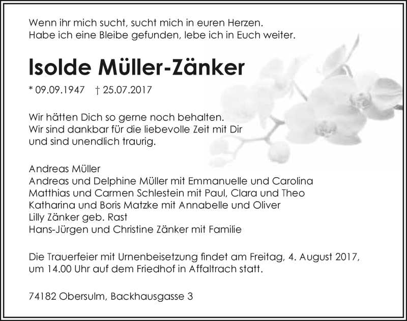  Traueranzeige für Isolde Müller-Zänker vom 29.07.2017 aus 