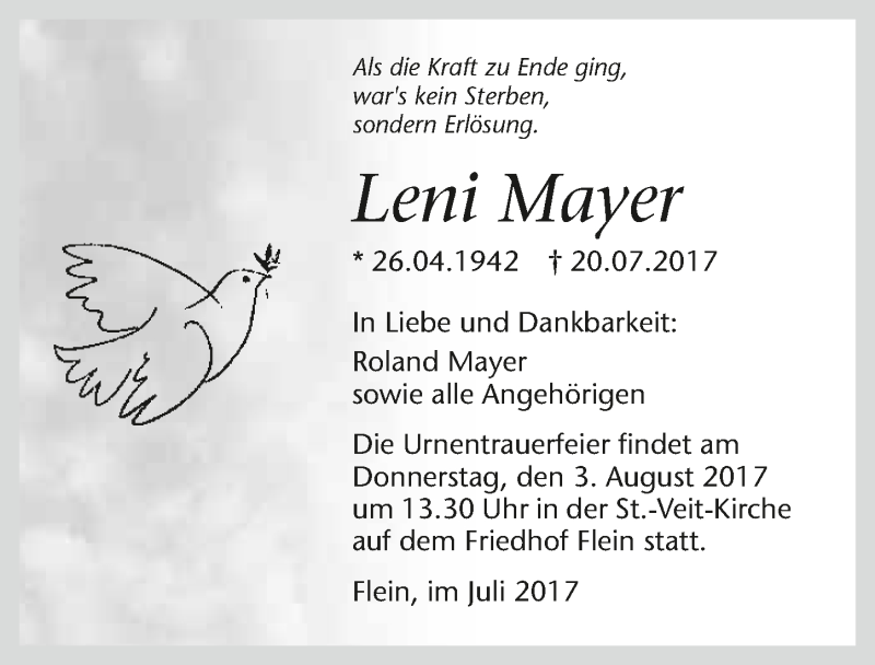  Traueranzeige für Leni Mayer vom 29.07.2017 aus 