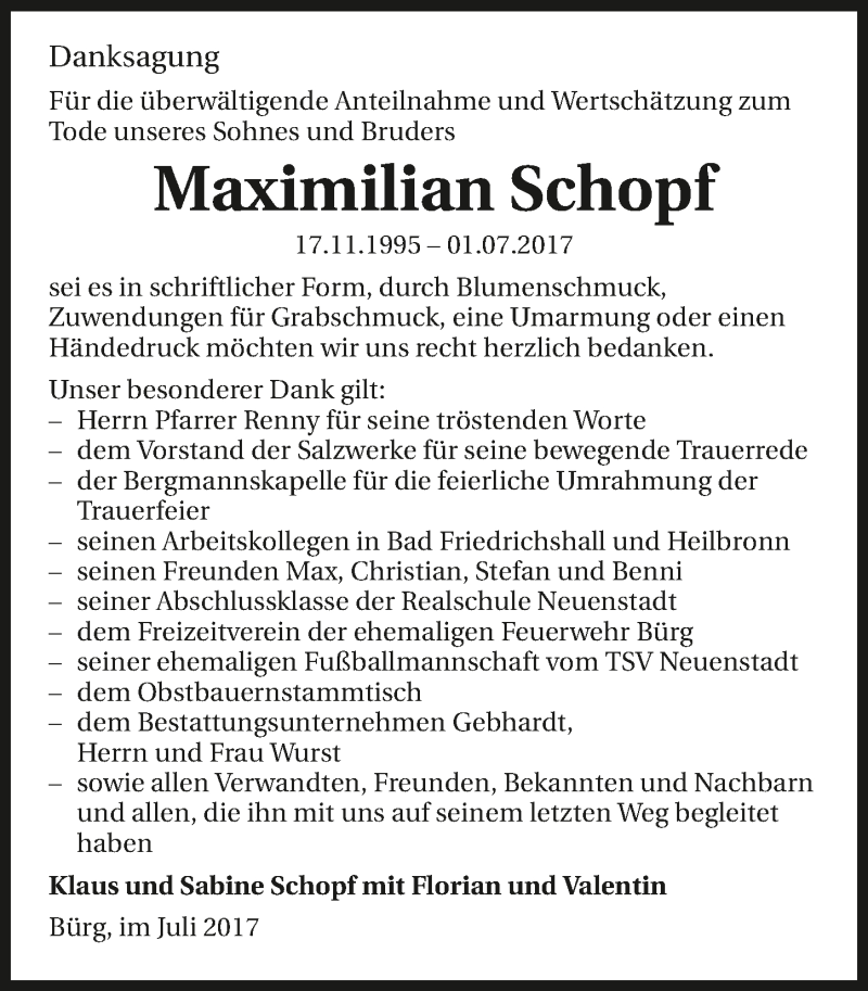  Traueranzeige für Maximilian Schopf vom 29.07.2017 aus 