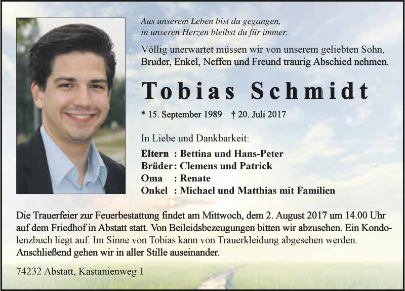  Traueranzeige für Tobias Schmidt vom 29.07.2017 aus 