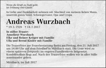 Traueranzeige von Andreas Wurzbach 