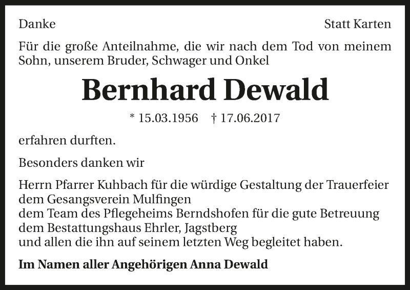  Traueranzeige für Bernhard Dewald vom 22.07.2017 aus 