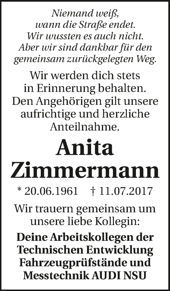  Traueranzeige für Anita Zimmermann vom 14.07.2017 aus 