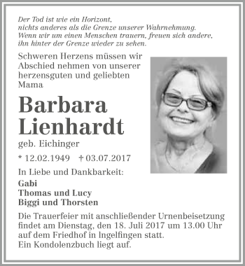 Traueranzeige von Barbara Lienhardt 