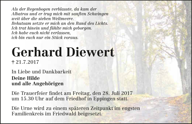  Traueranzeige für Gerhard Diewert vom 26.07.2017 aus 