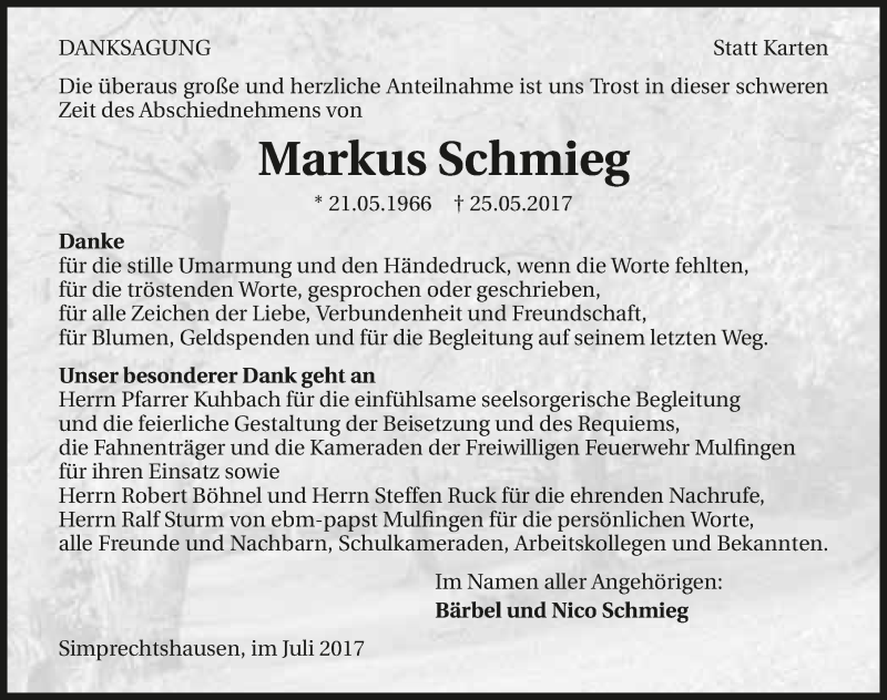  Traueranzeige für Markus Schmieg vom 01.07.2017 aus 