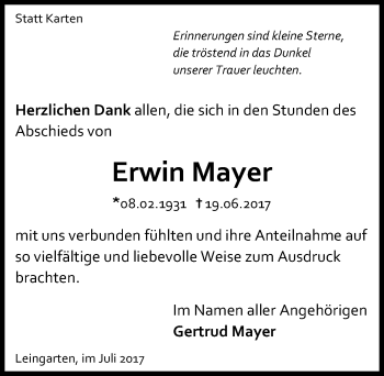 Traueranzeige von Erwin Mayer 