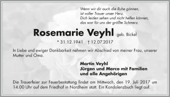 Traueranzeige von Rosemarie Veyhl 