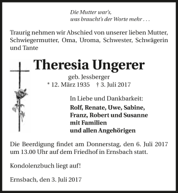 Traueranzeige von Theresia Ungerer 