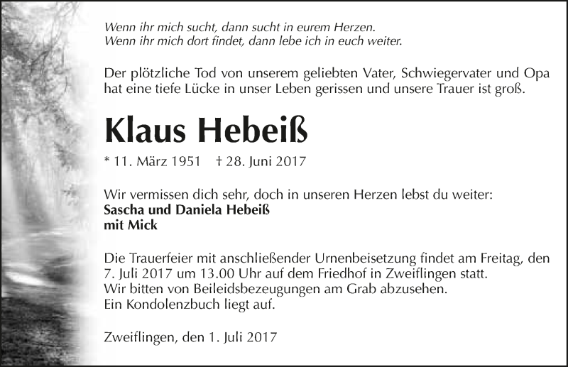  Traueranzeige für Klaus Hebeiß vom 01.07.2017 aus 