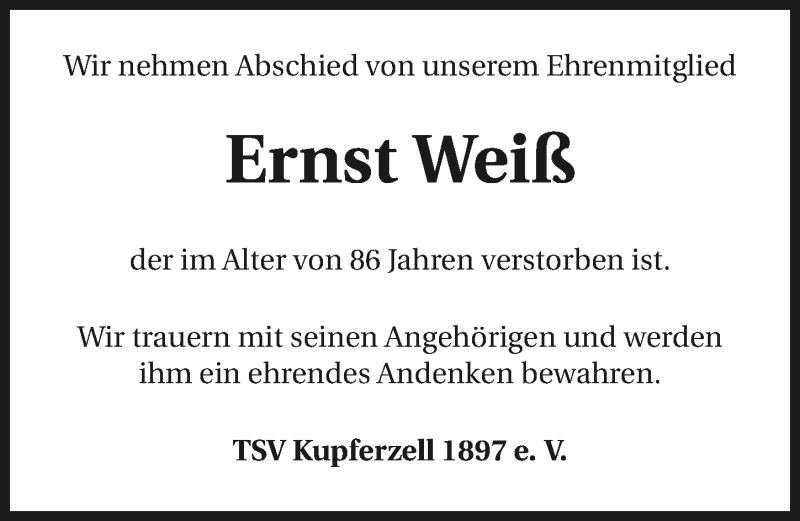  Traueranzeige für Ernst Weiß vom 25.07.2017 aus 