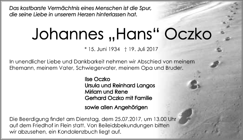  Traueranzeige für Johannes Oczko vom 22.07.2017 aus 