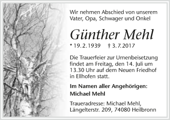 Traueranzeige von Günther Mehl 