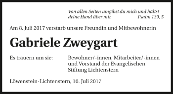 Traueranzeige von Gabriele Zweygart 