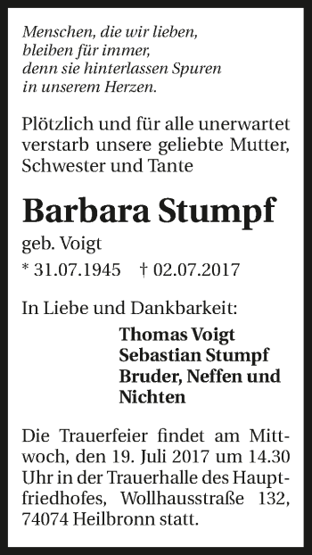 Traueranzeige von Barbara Stumpf 
