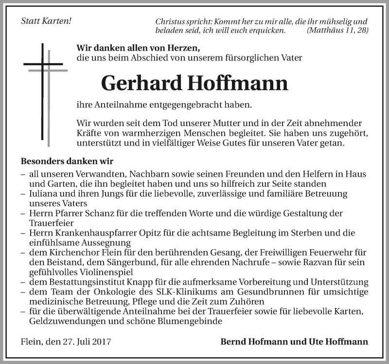  Traueranzeige für Gerhard Hoffmann vom 27.07.2017 aus 