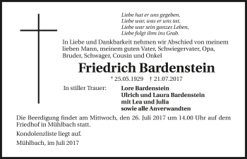 Traueranzeige von Friedrich Bardenstein 