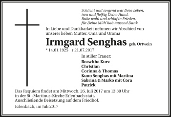 Traueranzeige von Irmgard Senghas 